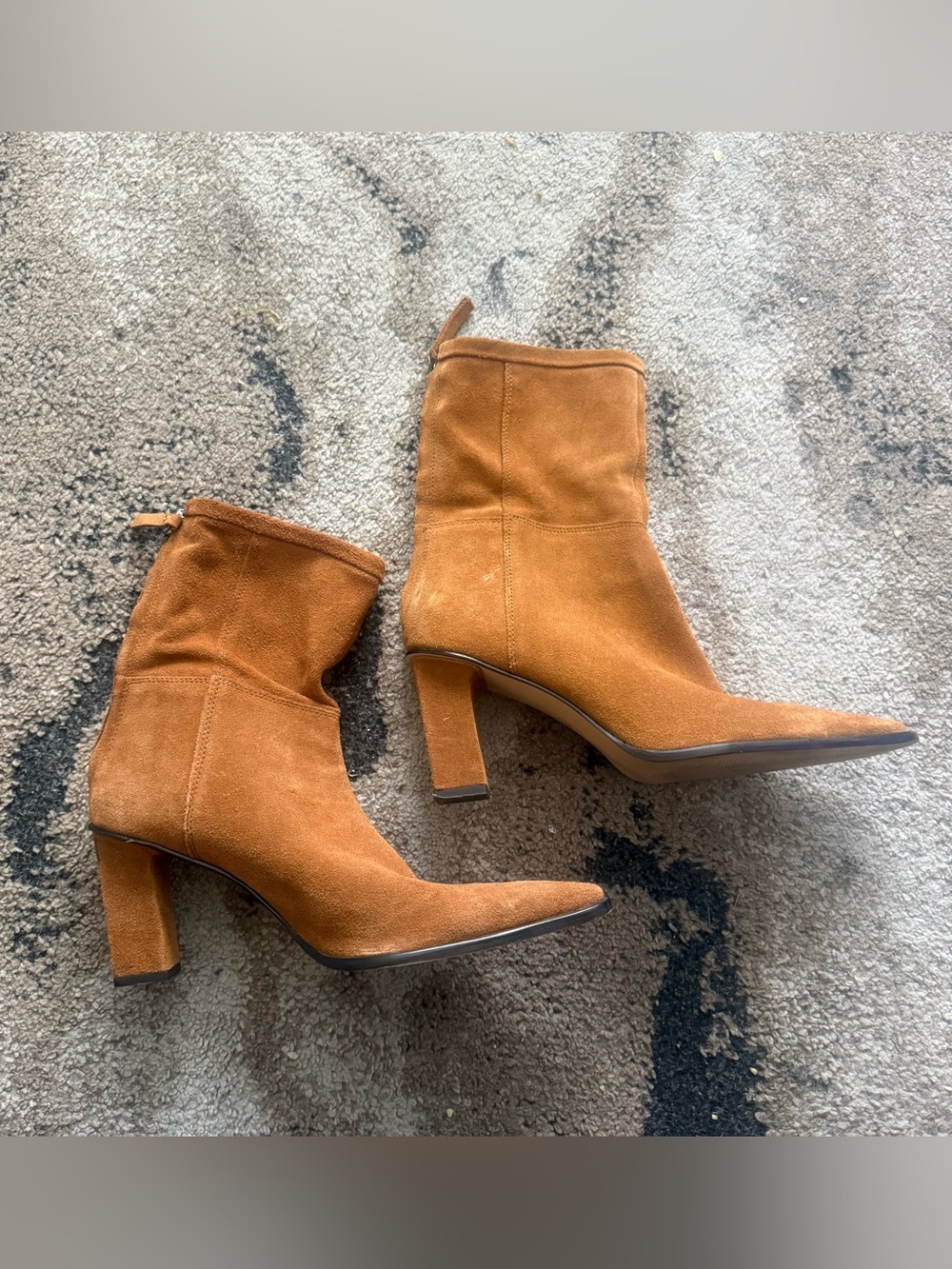 Zara Tan Suede Pointed Toe Mid-Calf Heel Boots